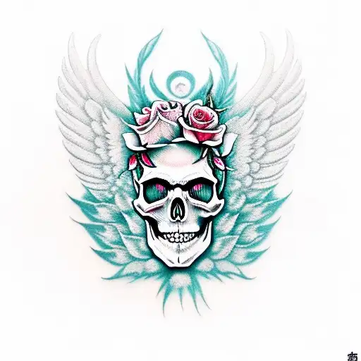 skull with roses and wings in ar deco style tattoo design idea