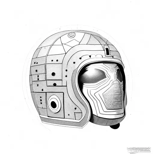 human with metal helmet that covers his eyes but no his lips with checkered pattern and red buttons tattoo design idea