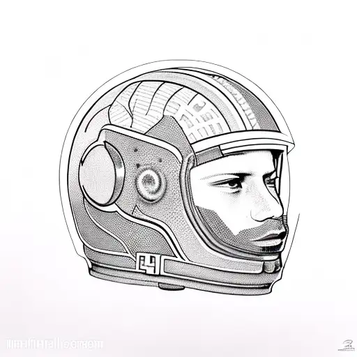 human with metal helmet that covers his eyes but no his lips, with checkered pattern and red buttons tattoo design idea