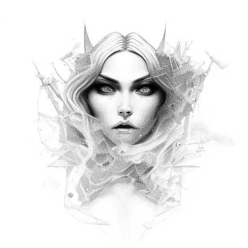 sexy Themis in full growth, walking along a diverging path tattoo design idea