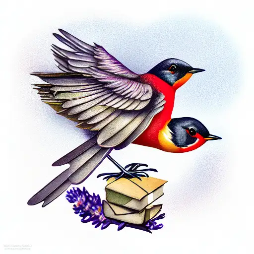 flying redbreast robin carrying a small sprig of lavendar and sheet music tattoo design idea