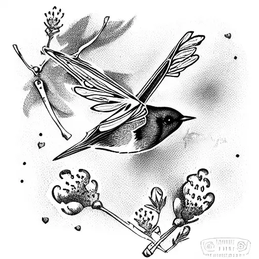 flying redbreast robin carrying a small sprig of lavendar  tattoo design idea