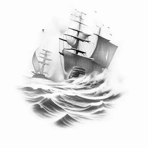 A realistic black and grey tattoo of a ship sailing through a stormy sea with a wolf standing on the deck tattoo design idea