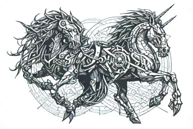 predator and unicorn engaging in battle scene tattoo design idea