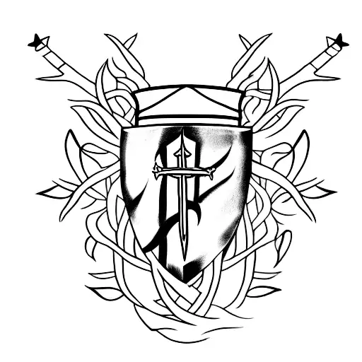 A minimalist tattoo of a sword with a crown of thorns wrapped around it, representing the client's devotion to Jesus and his sacrifice tattoo design idea