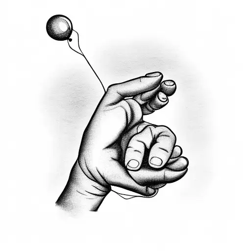 A delicate blackwork tattoo of a baby's hand reaching for a balloon tattoo design idea