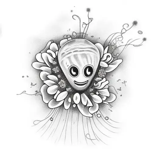 Large jellyfish tangled in a bouquet of flowers. 5 butterflies total placed on some of the flowers + lots of water + lot tattoo design idea