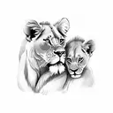 lioness with baby lions in background tattoo design idea