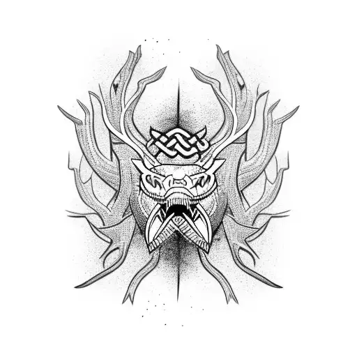 norse snake head covered in tree roots tattoo design idea