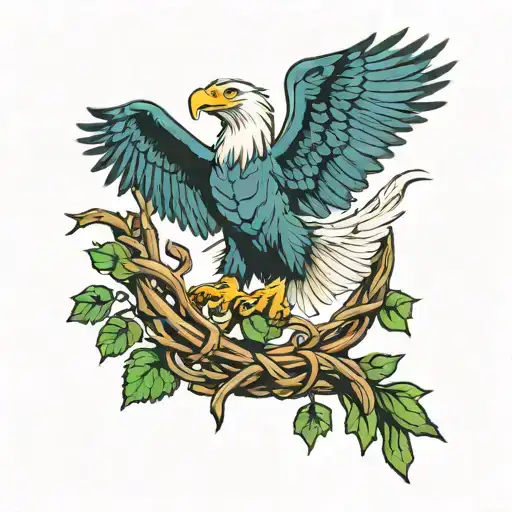 Rest in peace pot leaf intertwined into the claw of an eagle soaring away from a tree tattoo design idea