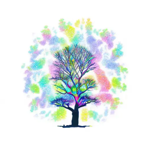 tree silhouette with rainbow pawprints as leaves and a German Shepherd silhouette sitting besides the tree tattoo design idea