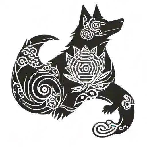 IR7 R4 V7 V4 A12 and a quote "unpredictable waves of life" and a Japanese buddha on one side and a avenging fox on the o tattoo design idea