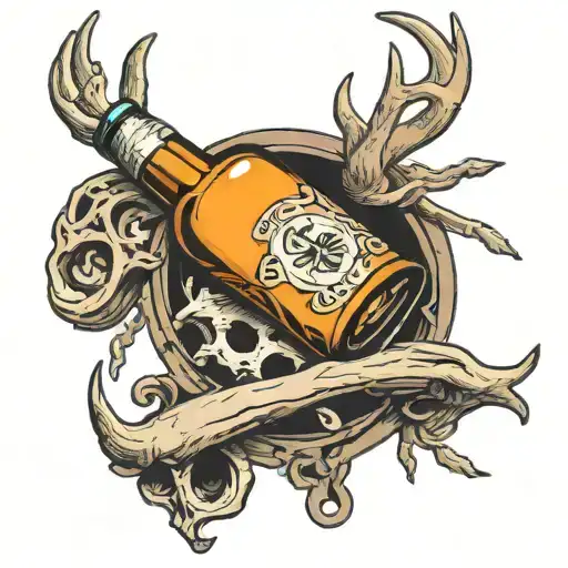 beer bottle crossed with piston surrounded by deer antler tattoo design idea