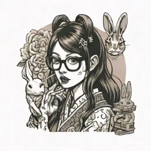 white woman with brown hair, long face, big nose with glasses and white bunny ears, eats chocolate tablet tattoo design idea