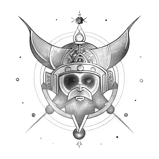 A blackwork tattoo of a Viking helmet adorned with celestial objects like stars and planets, representing the client's passion for both Vikings and space tattoo design idea