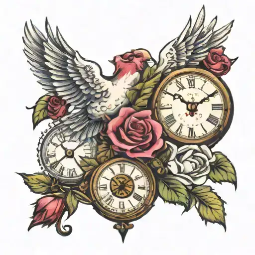 dove, roses, cross and clock  tattoo design idea