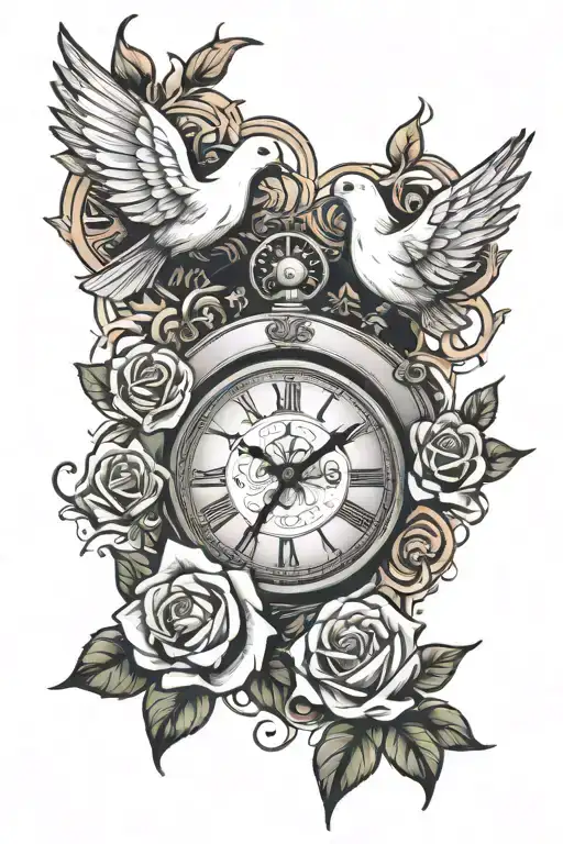 clock, dove and rose made tattoo design idea