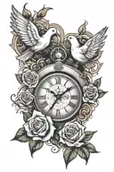 clock, dove and rose made tattoo design idea
