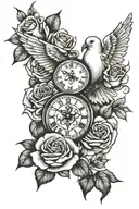 clock, dove and rose made tattoo design idea