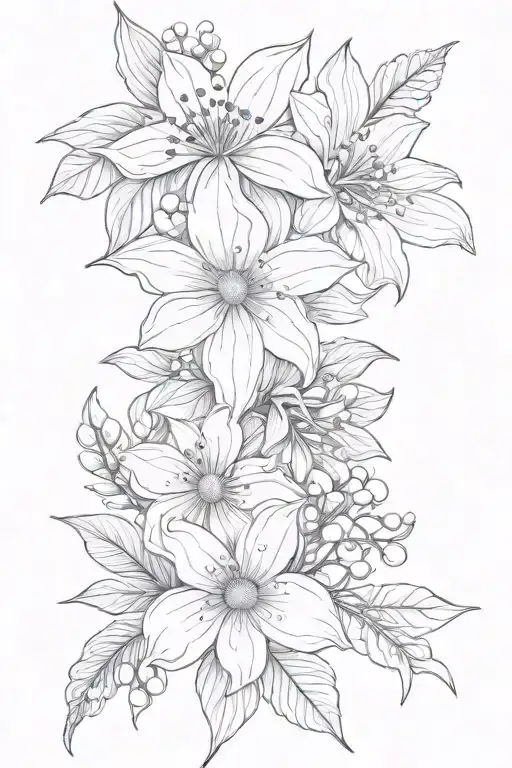 Daisy, Lilly of the valley, larkspur, poppy, cosmo, and poinsettia birthflower boquet tattoo design idea
