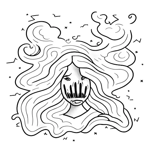 A minimalist tattoo of a billowing smoke cloud shaped like a silhouette of Billie Eilish tattoo design idea