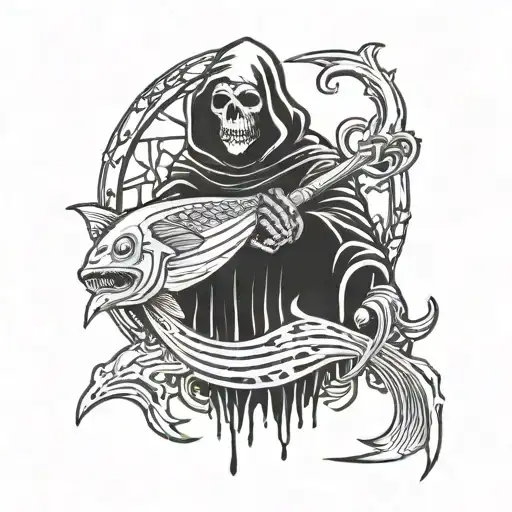 grim reaper with Jason Voorhees mask holding fish made of bones  tattoo design idea