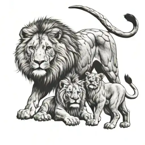 A father lion protecting his older female cub and younger male cub from danger, showcasing his strength and devotion tattoo design idea