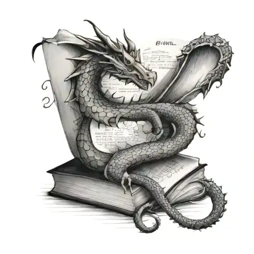 Create a dragon curled around a book with Korean lettering on the pages tattoo design idea