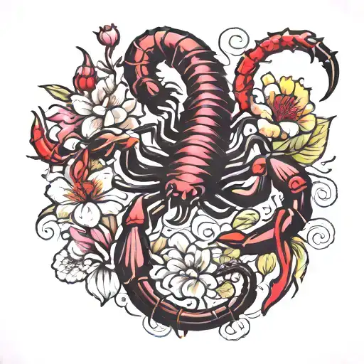 scorpion stinging itself and bleeding heart flower tattoo design idea