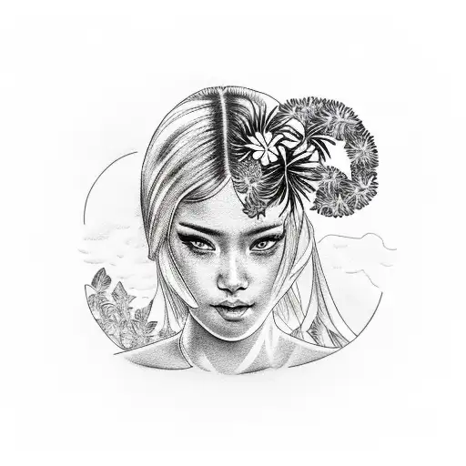 hawaian girl with palm tree and aloha tattoo design idea