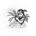 hawaian girl with palm tree and aloha tattoo design idea