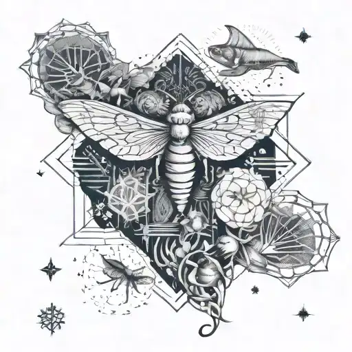 Moth, ganesh, mt ruapehu and river, kowhai seed pod, pisces constellation and dogstar. Japanese woodcut of wave tattoo design idea