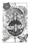 Moth, ganesh, mt ruapehu and river, kowhai seed pod, pisces constellation and dogstar. Japanese woodcut of wave black tattoo design idea