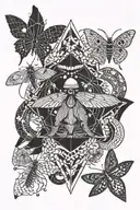 Moth, ganesh, mt ruapehu and river, kowhai seed pod, pisces constellation and dogstar. Japanese woodcut of wave black tattoo design idea