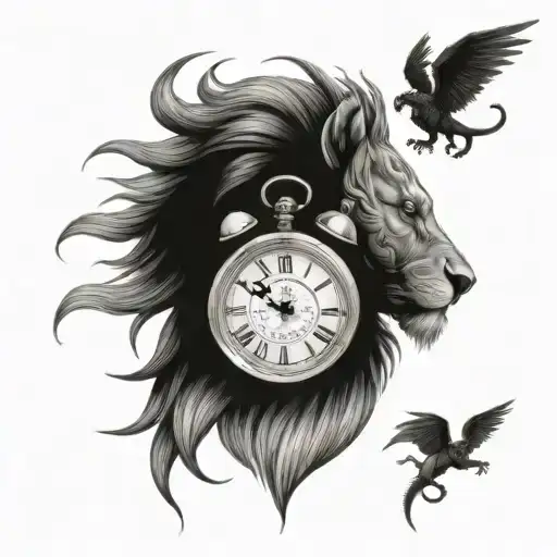 Clock on zhe neck of lion head and dragon flying tattoo design idea