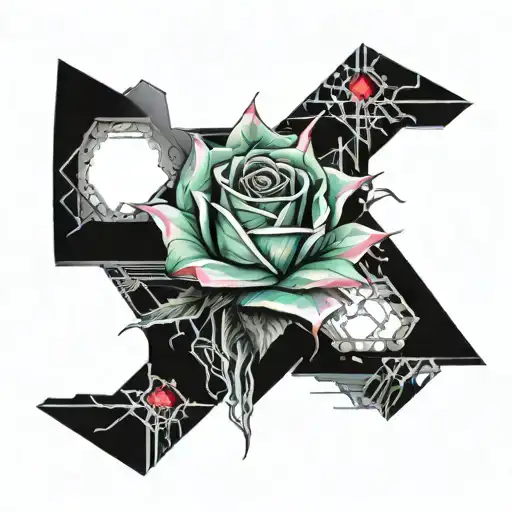 crystal rose coming out of an open book surrounded by motherboard thorns  tattoo design idea
