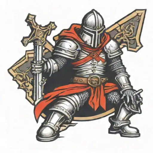 crusader Knight holding a Sword, kneeling before a cross tombstone  tattoo design idea