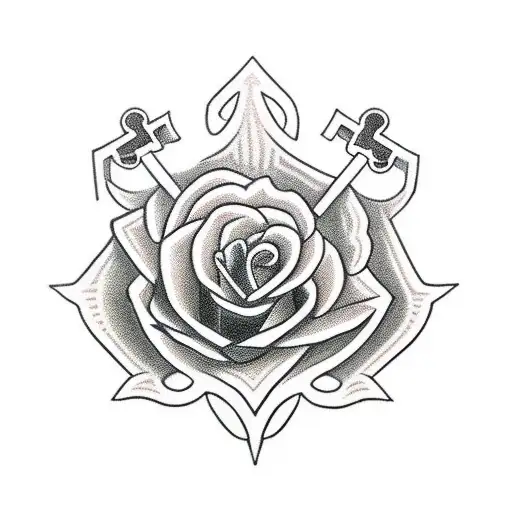 cross, rosary, roses and Pua the pig from moana tattoo design idea