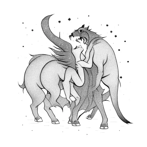 A romantic scene of two mythical creatures sharing a kiss under a starry sky tattoo design idea