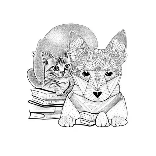 A dotwork tattoo of a dog and a cat sitting together on a stack of books, representing the love for animals and knowledge. tattoo design idea