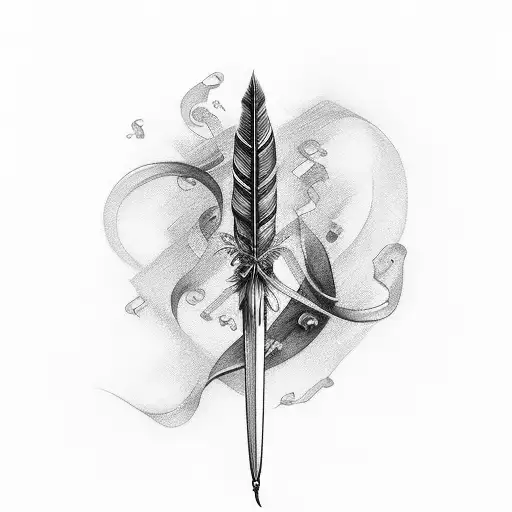 A black-grey tattoo of a quill pen with flowing Cufic script tattoo design idea