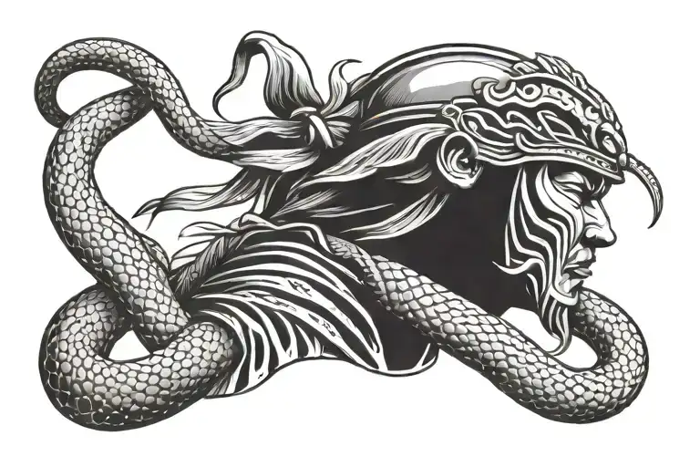 Japanese warrior with mask tattoo side view with snake on head tattoo design idea