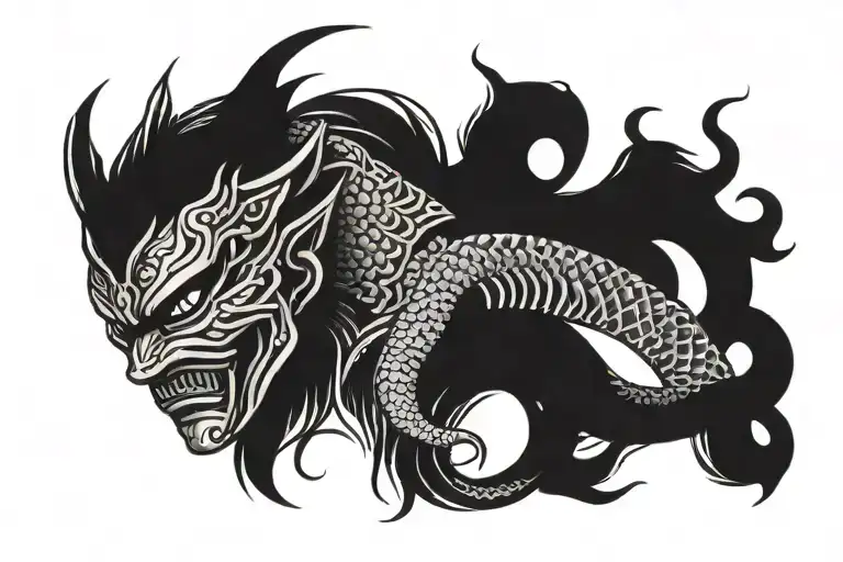 Japanese warrior mask tattoo side view with snake tattoo design idea