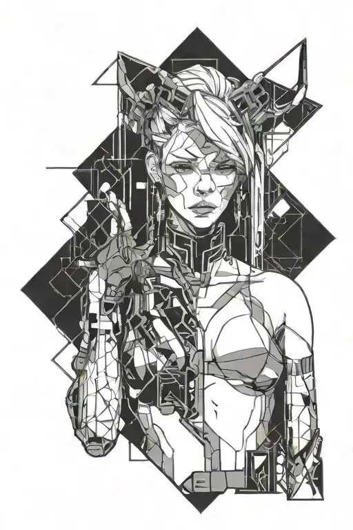 girl cyberpunk 2077 cyberware symetrical and geometrical tattoo design idea