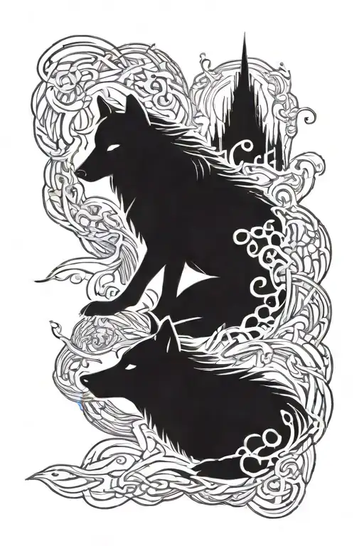 wolf and shadow figure meeting tattoo design idea