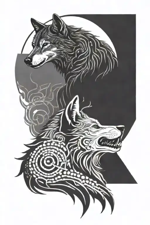wolf and shadow figure meeting tattoo design idea