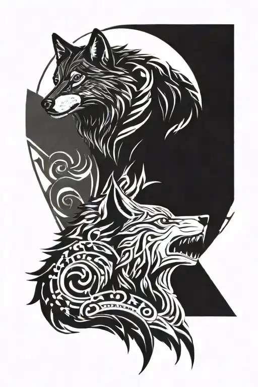 wolf and shadow figure meeting tattoo design idea