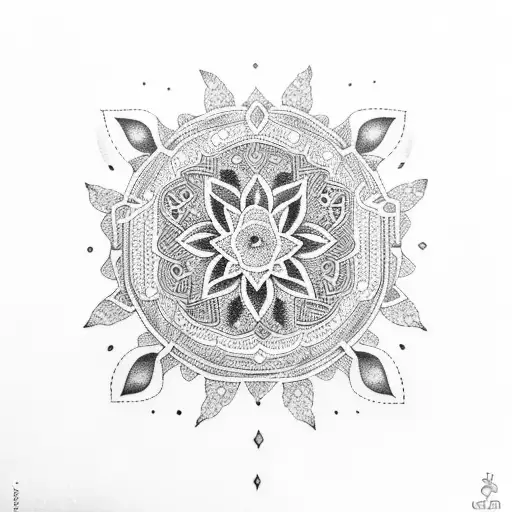 A dotwork tattoo of a steering wheel adorned with henna-inspired floral motifs tattoo design idea