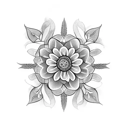 A black-grey tattoo featuring a bouquet of flowers, where each petal is intricately designed with henna patterns tattoo design idea