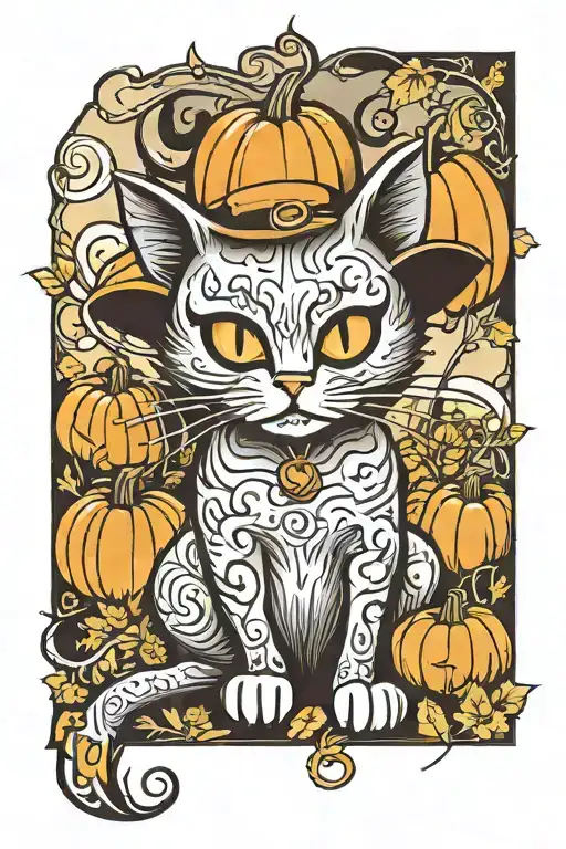black cat autumn spooky pumpkin patch tattoo design idea